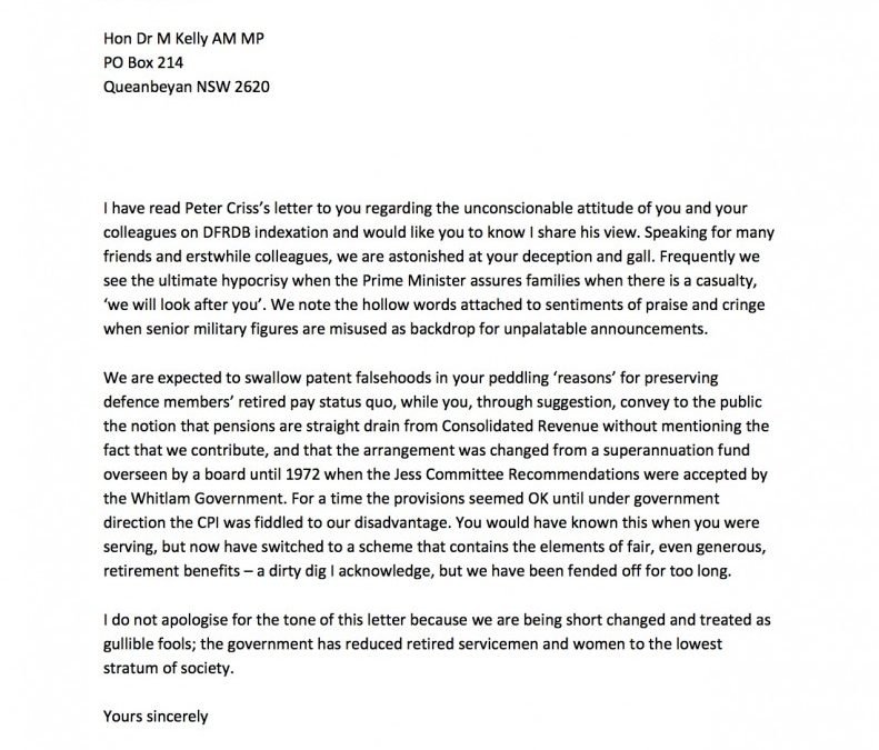 Letter AM Jake Newham (retd) to Mike Kelly MP