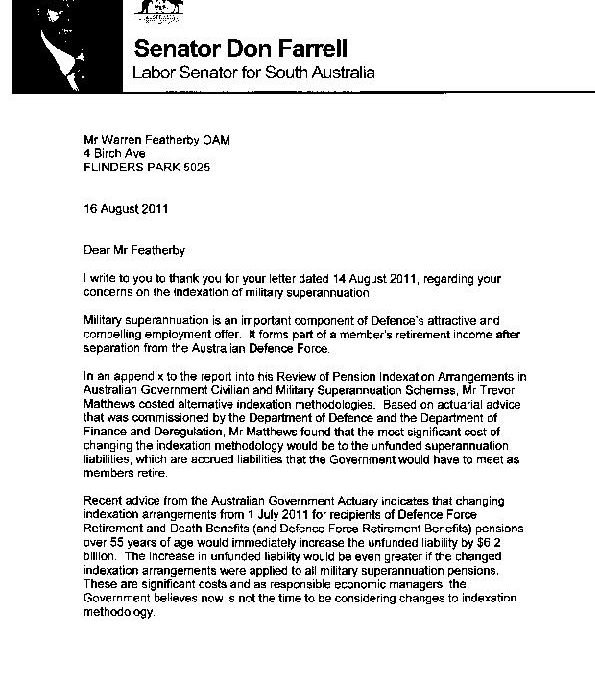 Labor Senator (SA) Don Farrell’s letter to Constituent